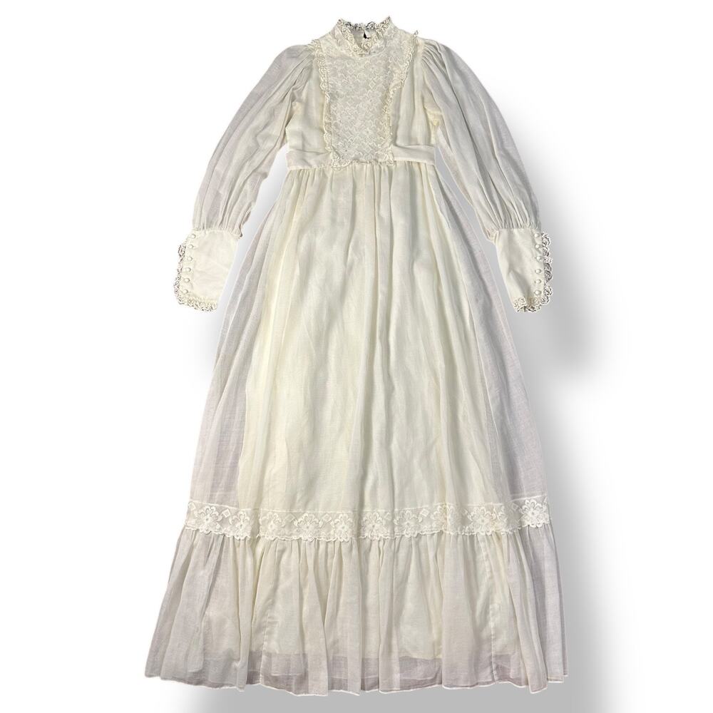 Candi Jones‎ California Vintage 70s Cream Lace Trim Prairie Wedding Dress Size S